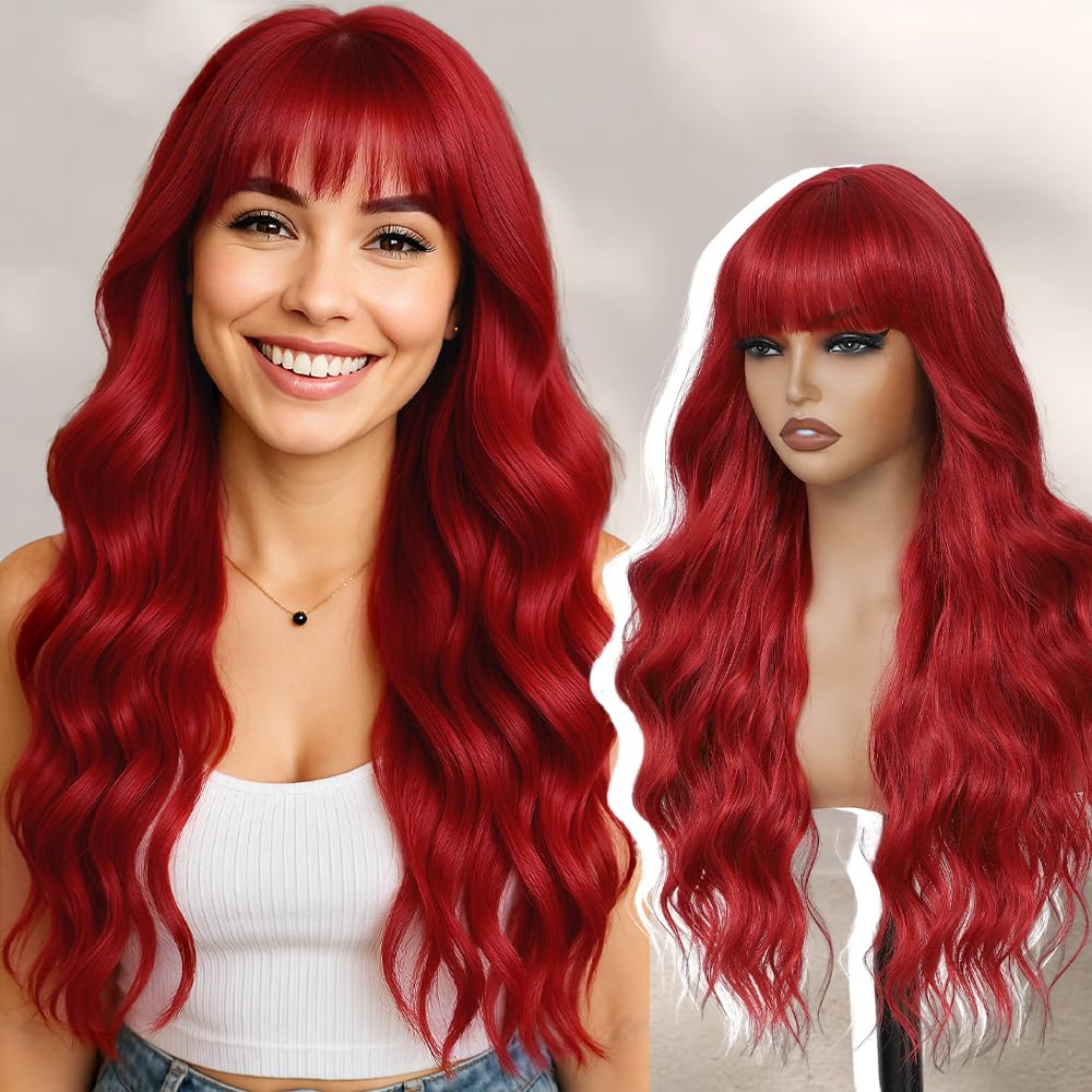WAVE&BREEZE front view red wig with bangs showing bold style