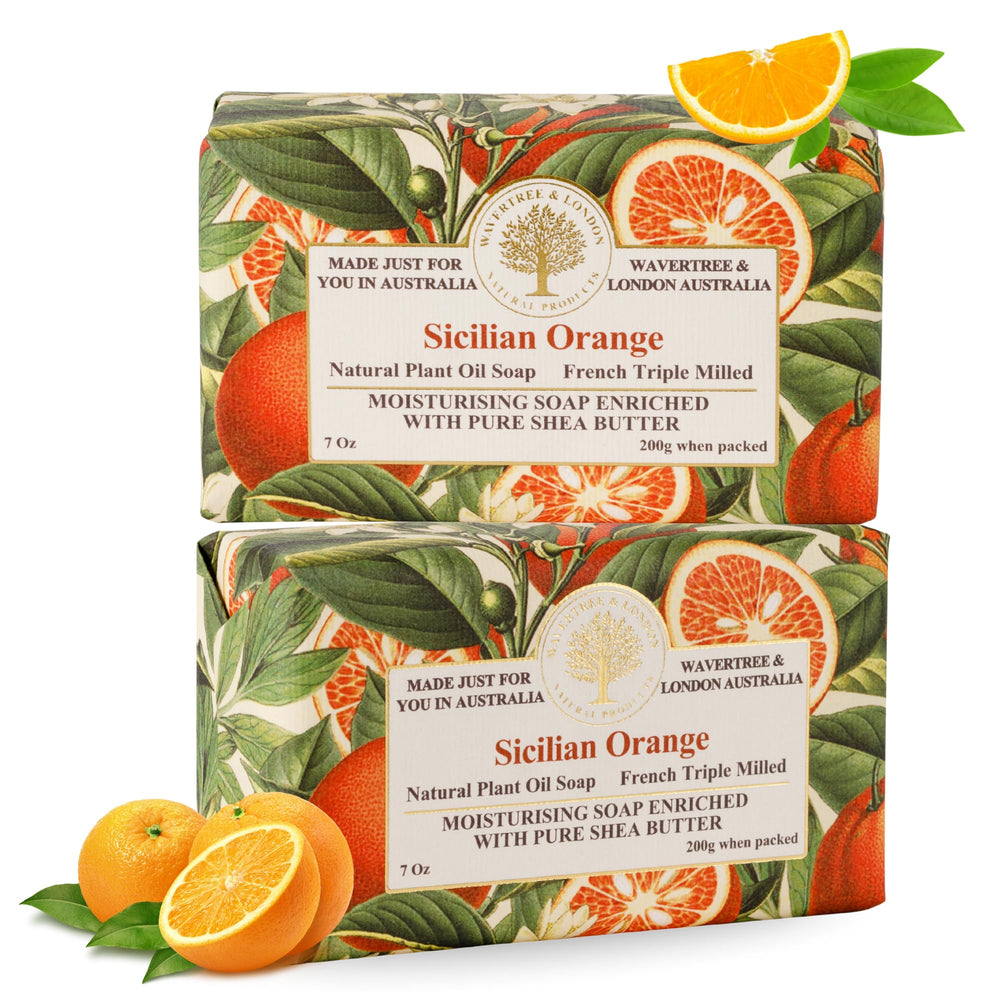 Wavertree & London front packaging showing two scented orange bars and benefits