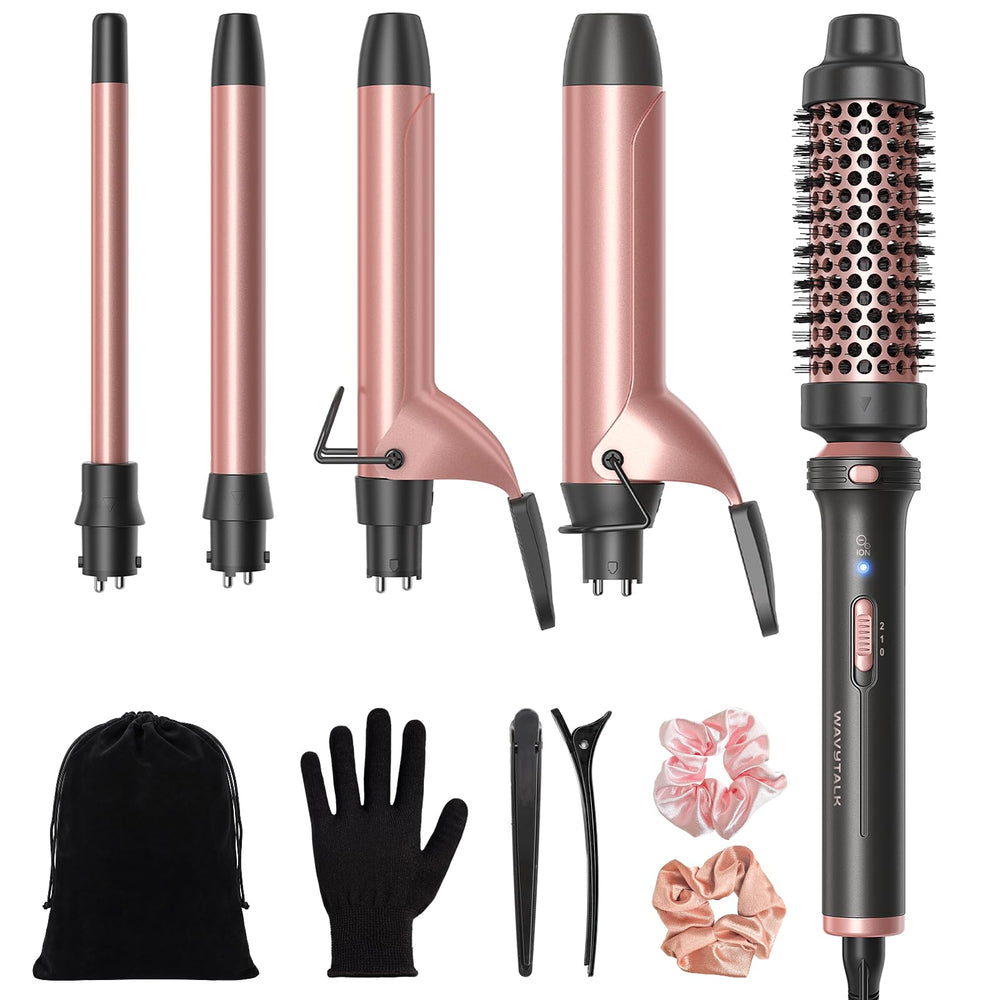 wavytalk front of kit showing base handle and five attachments for versatile styling and portability