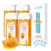 waxfans front packaging showing four honey wax rollers and strips, highlights value
