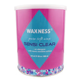 Waxness tin front view showing product label and size, clear gel for precise waxing