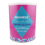 Waxness tin front view showing product label and size, clear gel for precise waxing