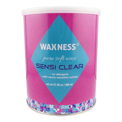 Waxness tin front view showing product label and size, clear gel for precise waxing