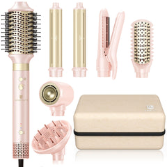 webeauty front view of pink 8-in-1 dryer brush showing controls and handle, convenient storage