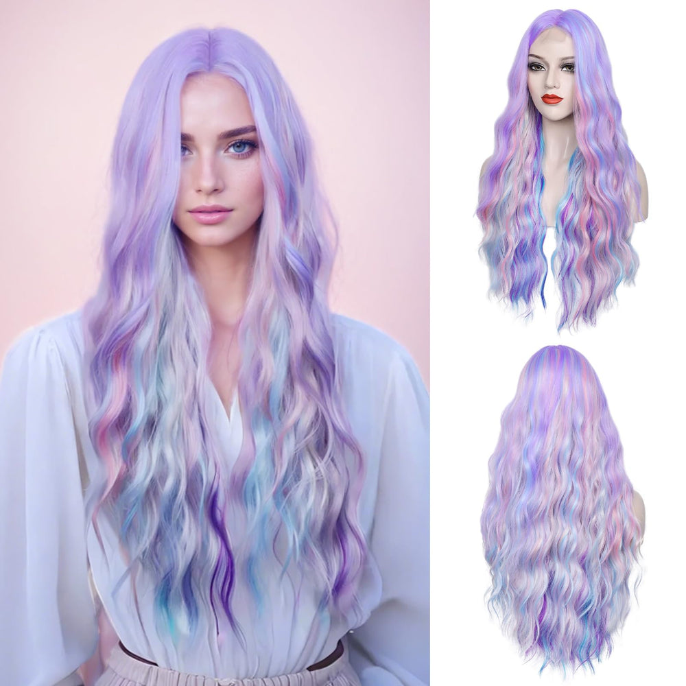 WECAN rainbow wig front view showing vibrant colors and natural shine benefit