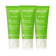Weleda Skin Food Light front packaging showing three cream jars and clear labeling for fast hydration
