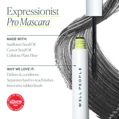 Well People mascara texture swiped on white surface showing rich black pigment and smooth finish