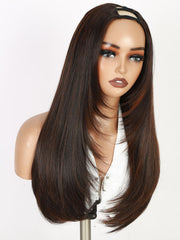 WIGNEE side profile of straight V part half wig showing layered movement and volume