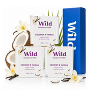 Wild coconut & vanilla trio pack front view showing sustainable refill benefits