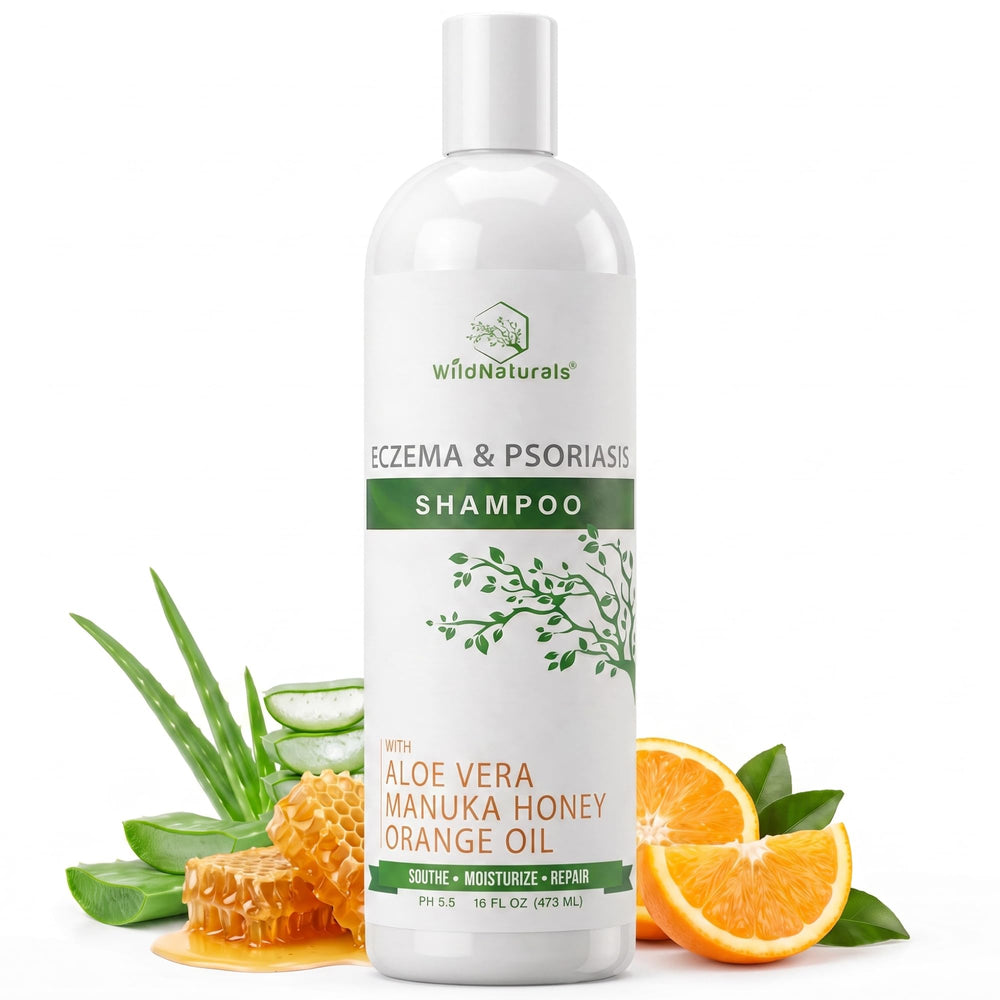 Wild Naturals shampoo front view showing soothing packaging and benefit