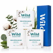 Wild refill box front showing three Fresh Cotton & Sea Salt refills and eco benefits