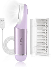 WLU dermaplane razor front view showing lavender finish and ergonomic grip benefit