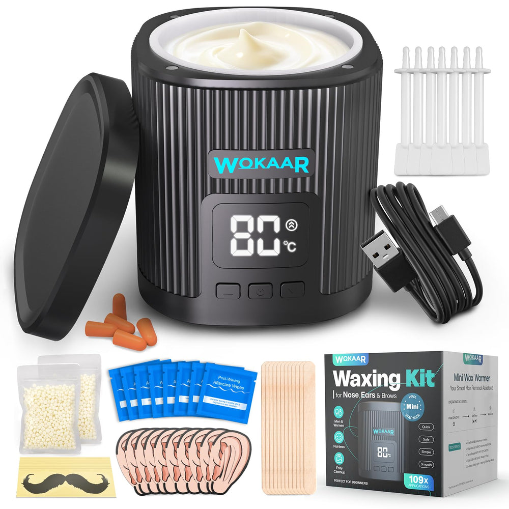 Wokaar front view of wax warmer and full 109-piece kit showing convenience