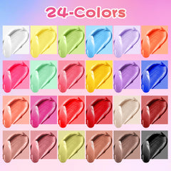 Woobena top-down of 24 color wells highlighting variety and high pigmentation