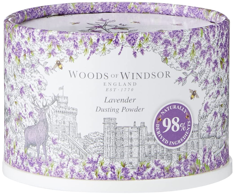 Woods of Windsor front packaging showing lavender powder jar and puff for elegant gifting
