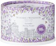 Woods of Windsor front packaging showing lavender powder jar and puff for elegant gifting