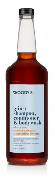 Woody's front label on 32 oz bottle showing product name and benefit