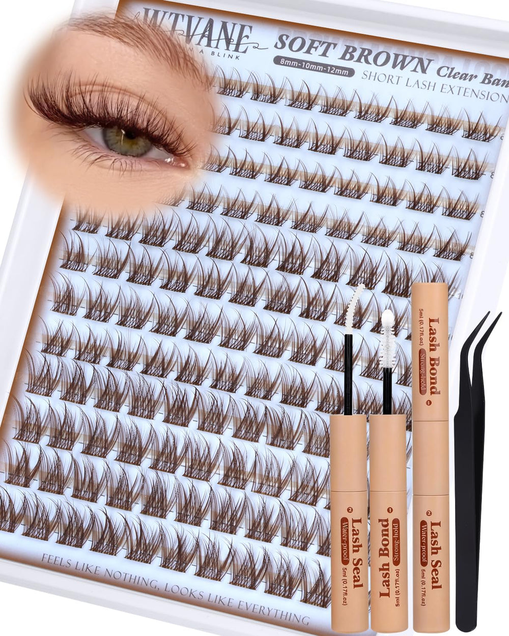 wtvane front packaging showing brown lash clusters and kit contents benefit easy identification