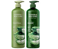 XALEZ aloe shampoo and conditioner beside bronze Microtex towel, speeds drying and reduces frizz