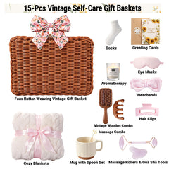 Xapeyo open gift basket arranged with 15 pink spa items, illustrating full set benefit