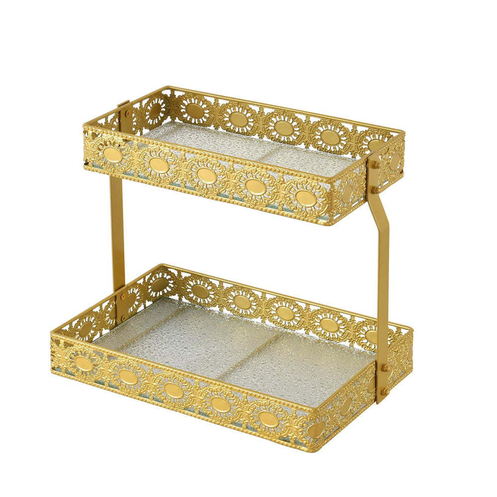 xiaojuande front view of gold two-layer tray showcasing neat skincare display