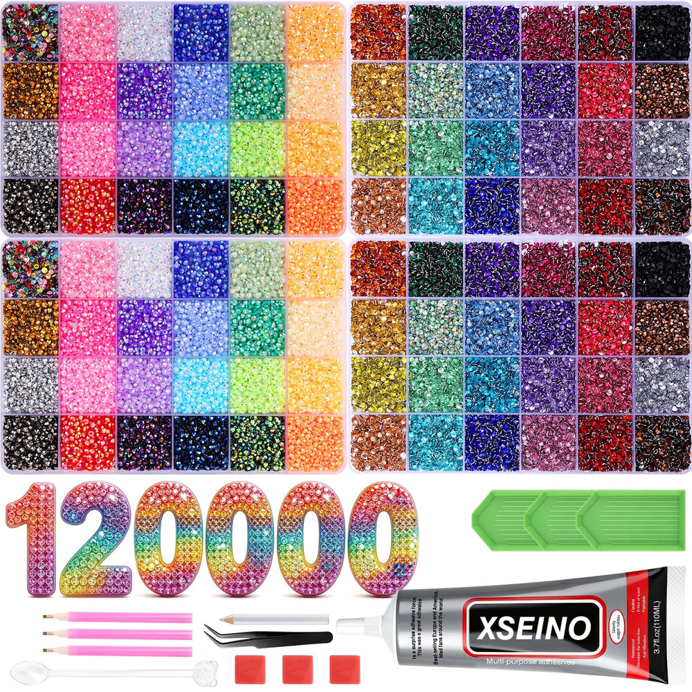 XSEINO front packaging showing full rhinestone kit and included tools for instant crafting
