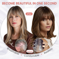 YAMI topper worn in a lifestyle setting adding volume and a styled fringe