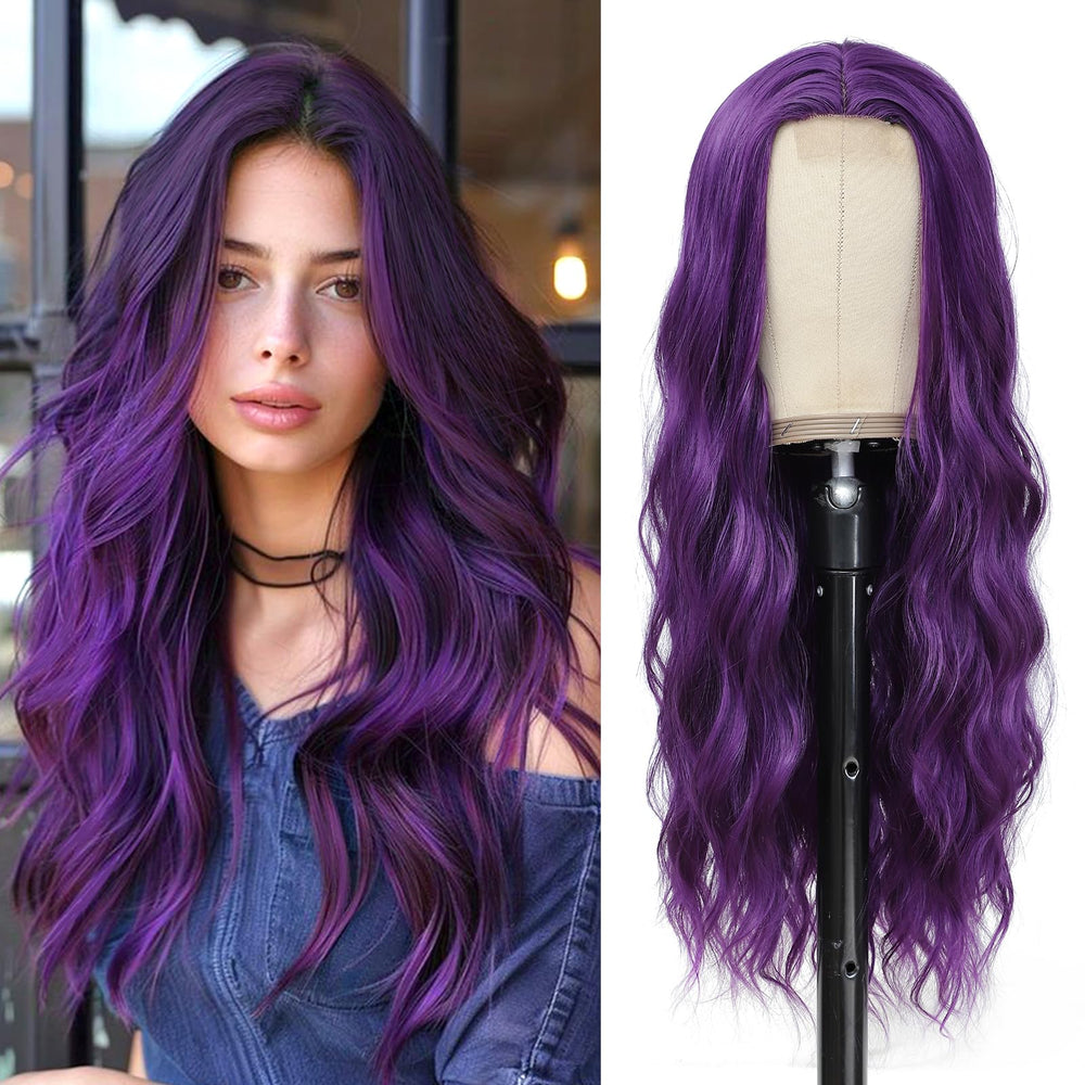 YBYMCAI front view of long dark purple wig showing natural middle part benefit