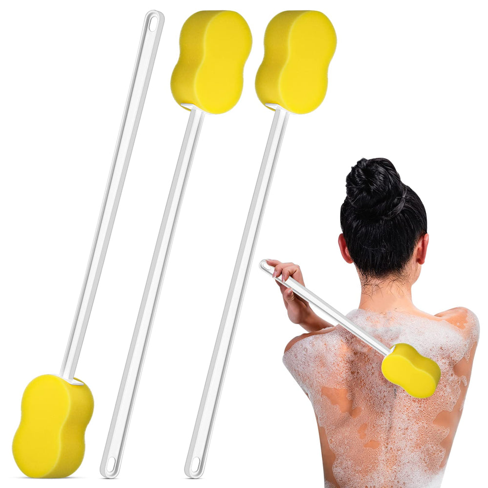 Yetene front view of three yellow long-handled sponges shows ready-to-use convenience