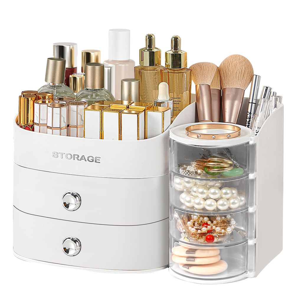 YGJT front view on vanity showing organized cosmetics and saved counter space