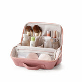 Yikisite front view of standing makeup bag showing structured base and zipper for easy access