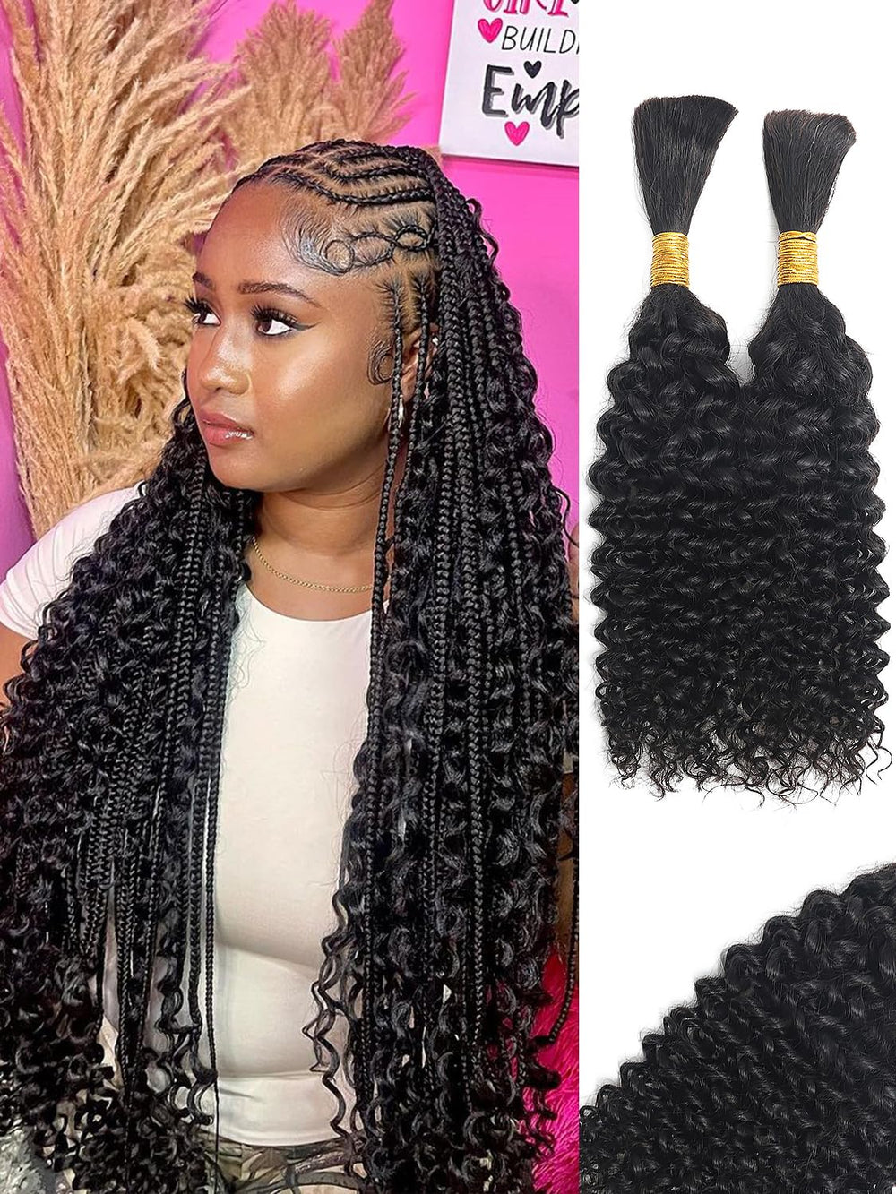 YNiSew front packaging displaying two 50g curly no-weft bundles for easy selection