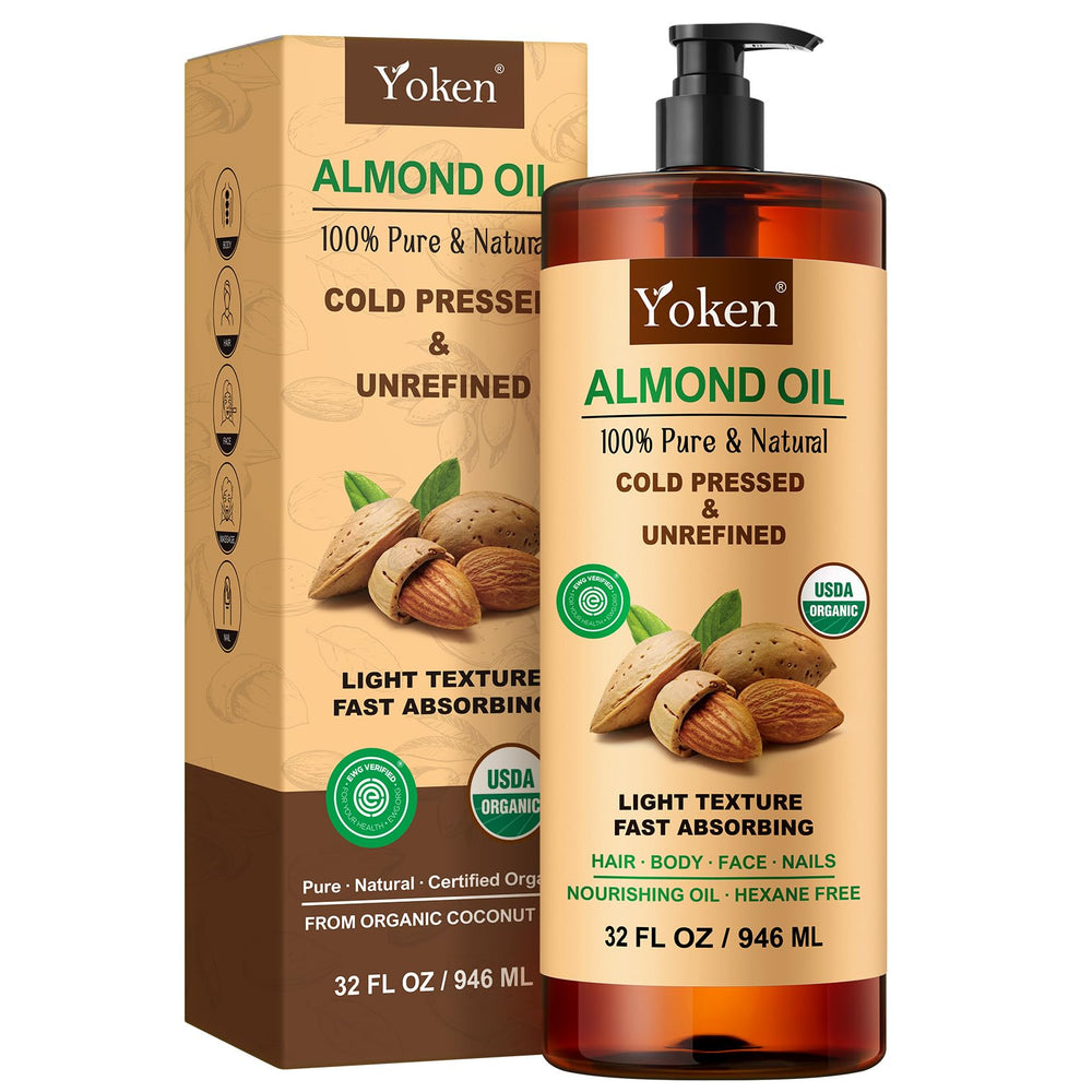 Yoken almond oil front bottle showing organic packaging and volume benefit
