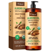 Yoken almond oil front bottle showing organic packaging and volume benefit