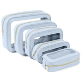 YOPCDJ front view of five clear organizer pouches showing sizes and benefits
