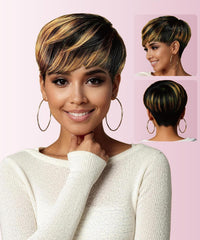 YOUKNOWIG front view of pixie wig showing natural layered cut and bangs benefit