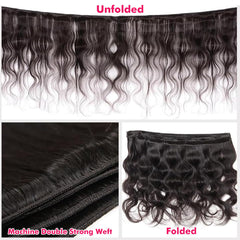Youngirl bundles in hand demonstrating true-to-length weight and scale
