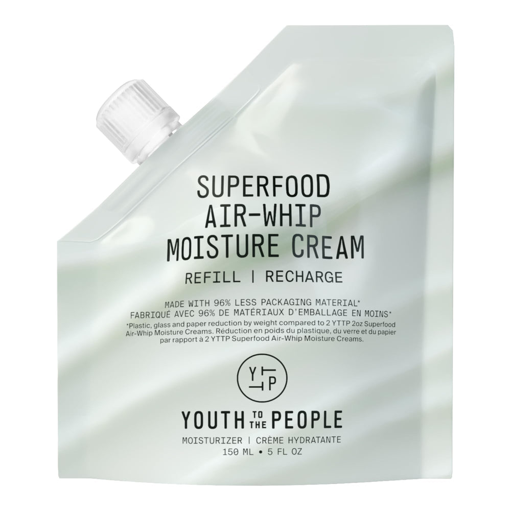 Youth To The People pouch front view showing refill convenience and eco benefit