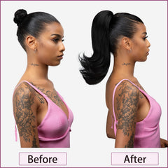 YUMOREAL ponytail in use over a low bun demonstrating quick install and polished appearance