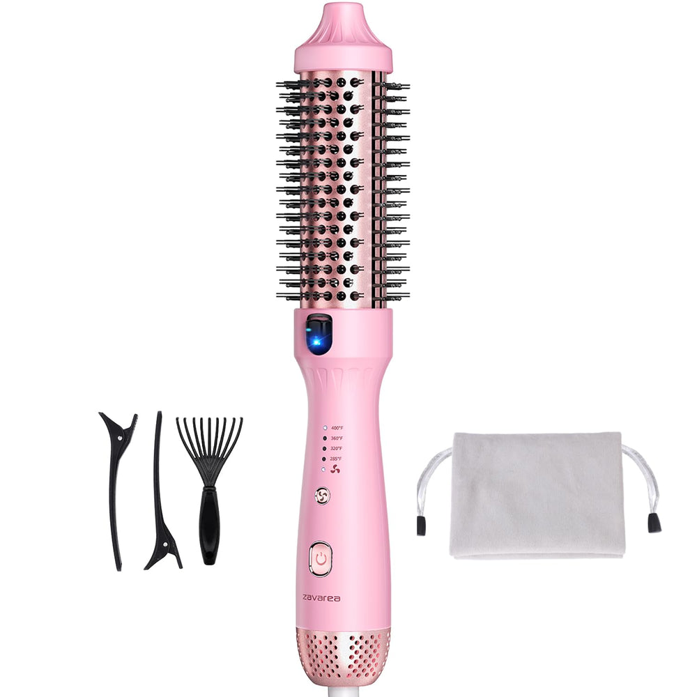 ZAVAREA front view of heated round brush showing sleek design and benefit of easy styling