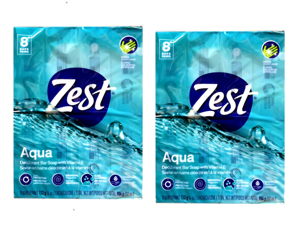 Zest Aqua Pure front packaging showing two eight-bar packs and value