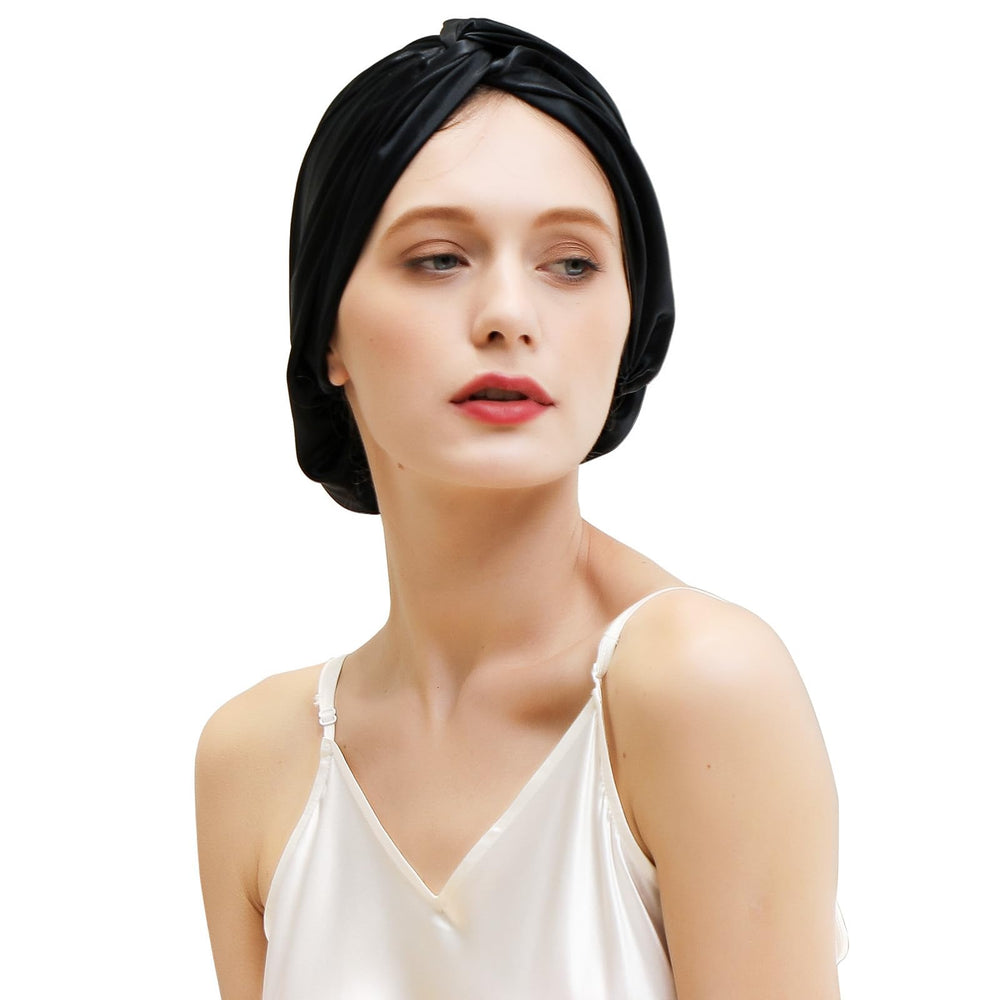 ZIMASILK bonnet front view showing elegant black silk and comfortable fit