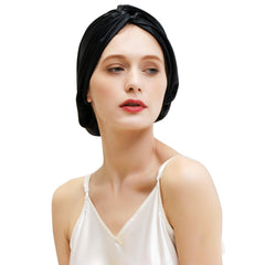 ZIMASILK bonnet front view showing elegant black silk and comfortable fit