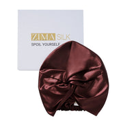 ZIMASILK front view of burgundy silk bonnet showcasing smooth finish and luxury