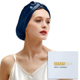 ZIMASILK navy bonnet front view showing smooth finish and elegant sheen benefits hair protection
