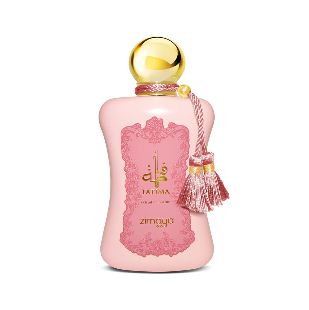 zimaya Fatima Pink front bottle view showing elegant design and clear fragrance benefit