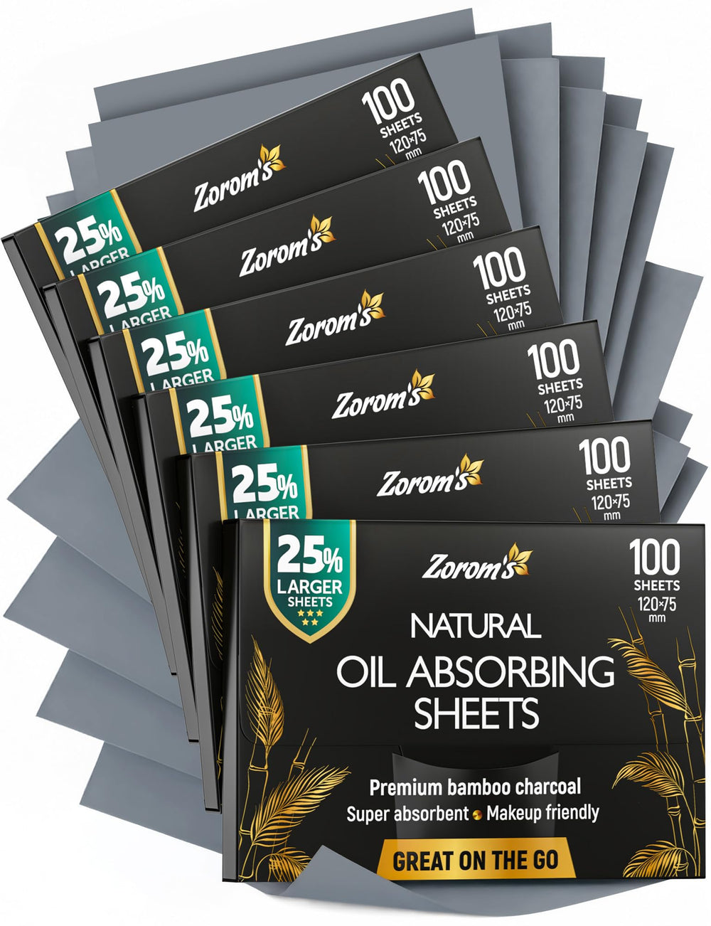ZOROM'S front packaging showing XL blotting sheets and compact dispenser benefits portability