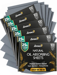 ZOROM'S front packaging showing XL blotting sheets and compact dispenser benefits portability