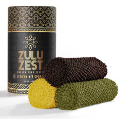 ZULU ZEST front-packaging showing three colored net sponges and benefits