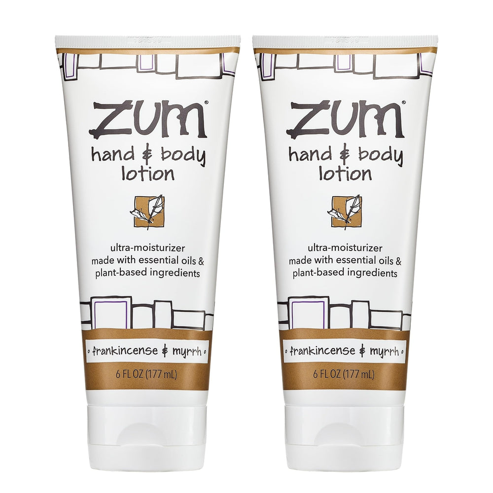 Zum frankincense & myrrh front packaging shows two 6 fl oz bottles and scent benefit